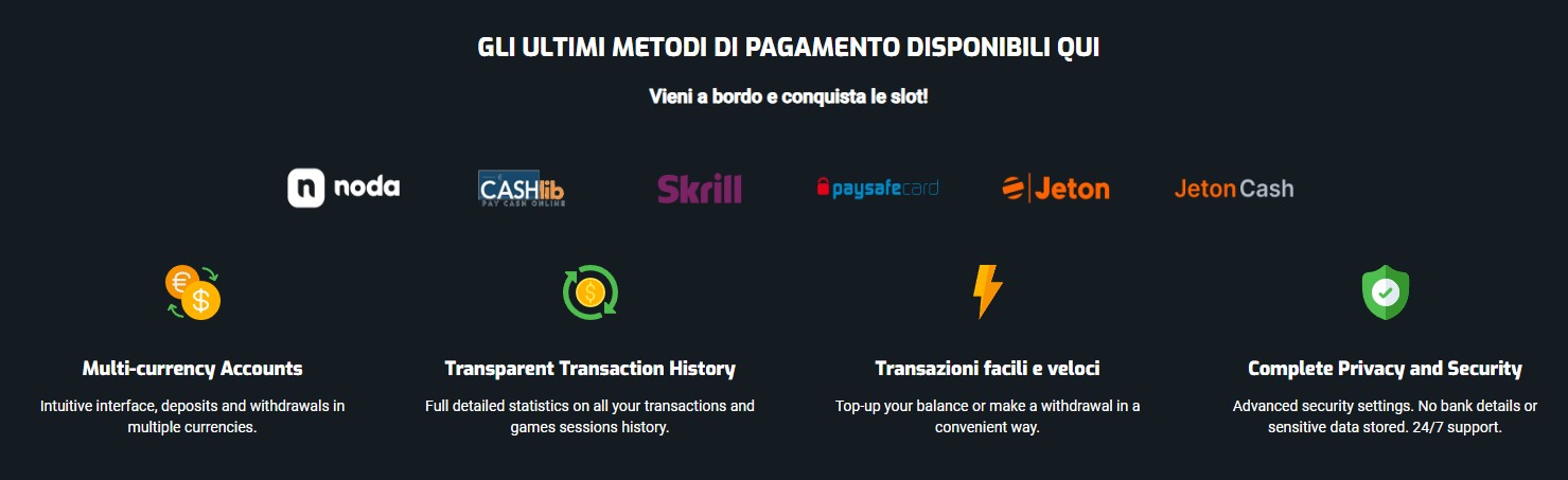 La banner che illustra i diversi metodi di pagamento disponibili, fornendo ai giocatori informazioni sulla facilità e sulla sicurezza delle transazioni.